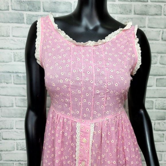Vintage 80s 90s Pink Linen Cottagecore Prairie Sun Dress Sheer Floral Pattern - Picture 3 of 10